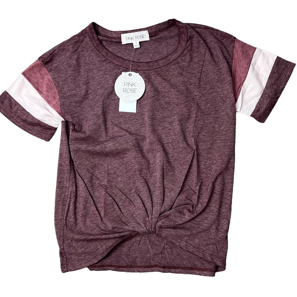 Pink Rose Juniors' Striped-Sleeve Plum Twist-Front T-Shirt - Size Small - NWT